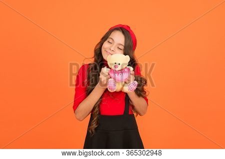 Love Forever. Happy Girl Cuddle Teddy Bear. Love You Inscription. Little Child Got Valentines Gift. 