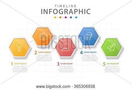 Infographic Template For Business. 5 Steps Modern Timeline Diagram With Hexagons.