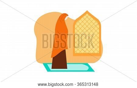 Muslim Woman Practicing Shalat, Islamic Prayer Shalat Illustration