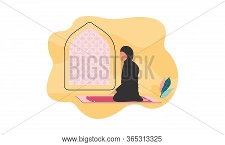 Muslim Woman Practicing Shalat, Islamic Prayer Shalat Illustration