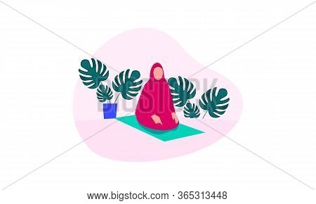 Muslim Woman Practicing Shalat, Islamic Prayer Shalat Illustration
