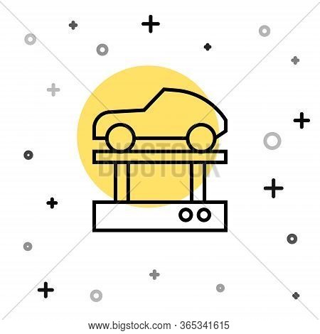 Black Line Repair Car On A Lift Icon Isolated On White Background. Repair Of The Underbody, Suspensi