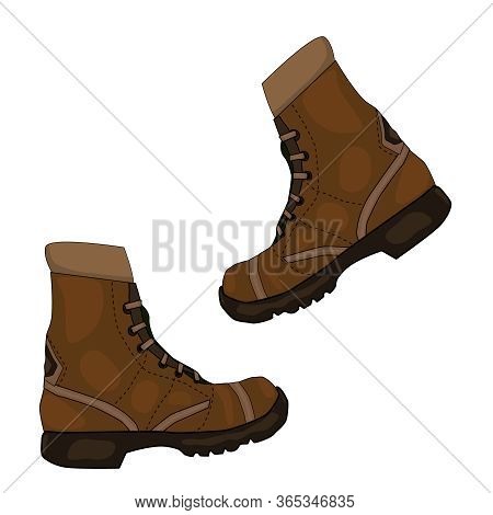 Pair Of Brown Leather Shoes Isolated On White Background. Camping Work Boots From Brown Leather, Cas