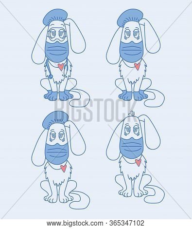 White Dog Doctor In Medical Clothes And Protection - Mask, Gloves, Glasses, Hat And Endoscope. Vecto