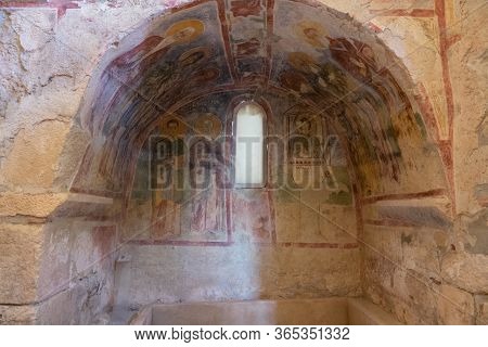 Demre, Antalya, Turkey - June 03, 2019: Colorful Frescoes In The Church Of St. Nicholas The Wonderwo