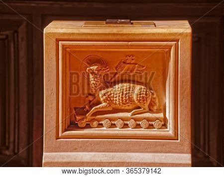 Djakovo, Croatia - October 5, 2017: Sun Shining On The Old Stone Donation Box In The Cathedral Of St