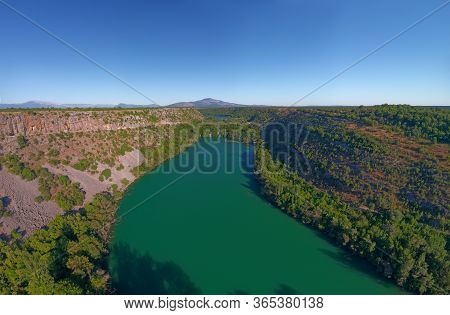 Aerial Stiched Panorama Of The Brljan Lake Located Downstream Of Bilusic Buk On The Exit From Canyon