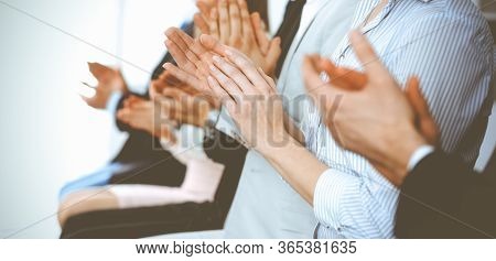 Business People Clapping And Applause At Meeting Or Conference, Close-up Of Hands. Group Of Unknown 