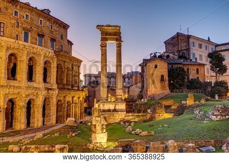 The Theatre Of Marcellus And The Temple Of Apollo Sosianus In Rome, Italy, After Sunset