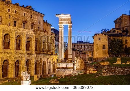 The Theatre Of Marcellus And The Temple Of Apollo Sosianus In Rome, Italy, At Dusk