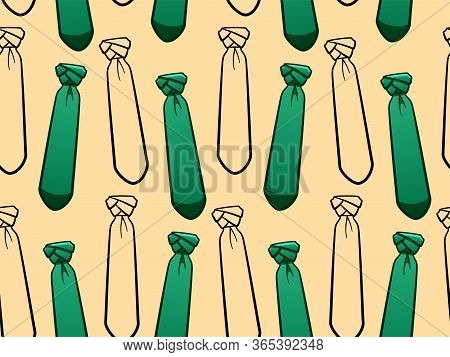 Green And Black Outline Style Neckties Seamless Pattern On Yellow Background