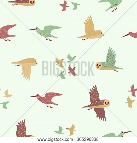 Owl, Sandpiper Woodcock And Little Birds Multicolored Seamless Pattern. Color Drawing Cartoon Vector