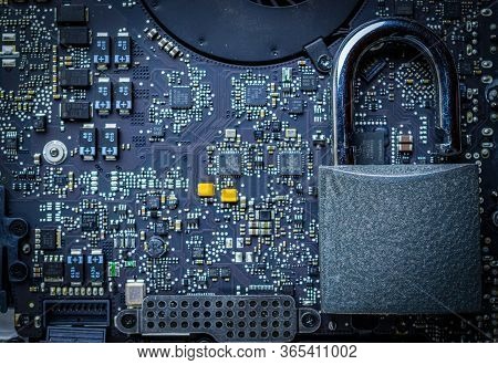 Data Protecting Security Concept. Computer Internet Protection With Lock, Key On Microscheme Chip. S