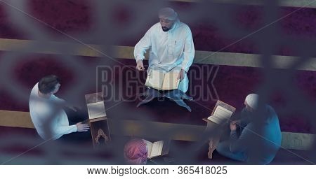 top view of muslim people in mosque reading quran together concept of islamic education and school of holly book kuran