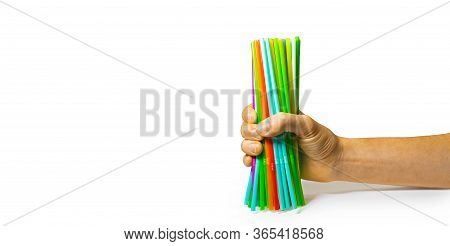 Bunch Multicolour Straws Isolated On A White Background. Greeting Card To International Day Against 
