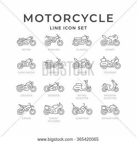 Set Line Icons Of Motorcycle Isolated On White. Modern And Retro Scooter. Different Types Of Motorbi