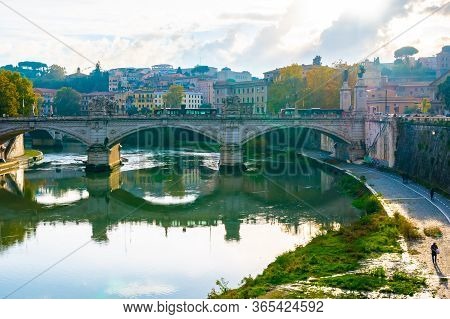 Rome, Italy - November 04 2018: Ponte Vittorio Emanuele Ii Bridge Spans River Tiber In The Italian C