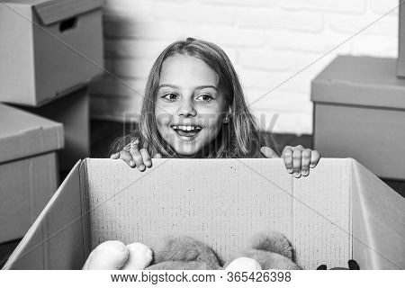 Delivering Happiness. Little Child Open Post Package With Toys. Deliver Your Treasures. Storage For 