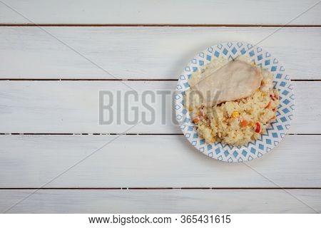 Fried Chicken Brast And Rice Served For The Lunch.