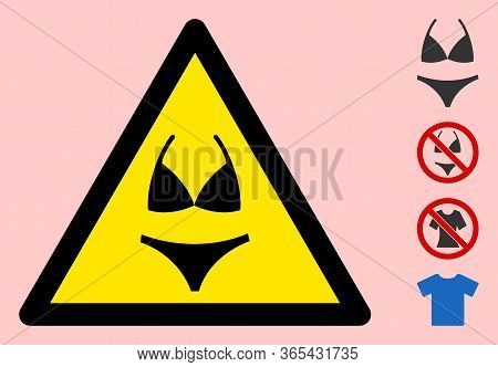 Vector Bikini Flat Warning Sign. Triangle Icon Uses Black And Yellow Colors. Symbol Style Is A Flat 