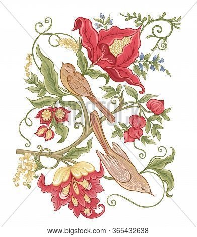 Fantasy Flowers In Retro, Vintage, Jacobean Embroidery Style. Element For Design. Colored Vector Ill