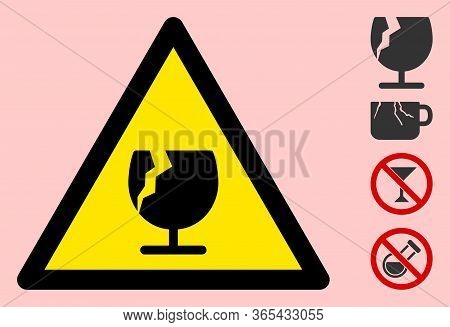 Vector Fragile Glass Flat Warning Sign. Triangle Icon Uses Black And Yellow Colors. Symbol Style Is 