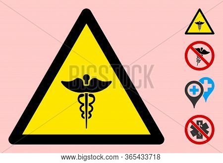 Vector Medic Caduceus Flat Warning Sign. Triangle Icon Uses Black And Yellow Colors. Symbol Style Is