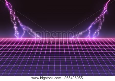 Laser Grid With Bolts Of Lightning. Retro Futuristic Template In 80s Style. Synthwave, Retrowave, Va