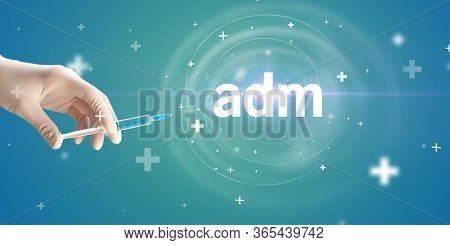 Syringe needle with virus vaccine and adm abbreviation, antidote concept