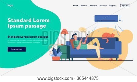 Young Man Relaxing At Couch Under Air Conditioner Flat Vector Illustration. Cartoon Guy In Cold Room