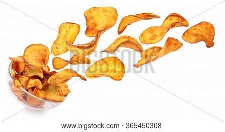 Sweet Potato Chips Falling Into Bowl On White Background. Banner Design