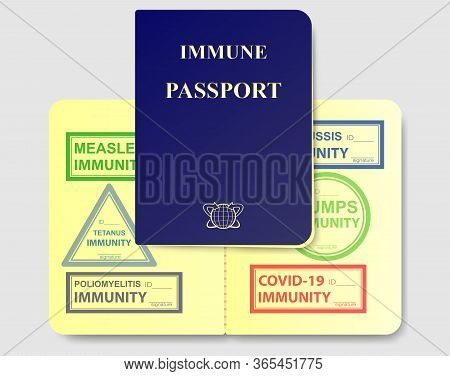 Concept Sample Of Immune Passport With Stamps Of Immunity To Coronavirus, Covid-19 Virus And Other D