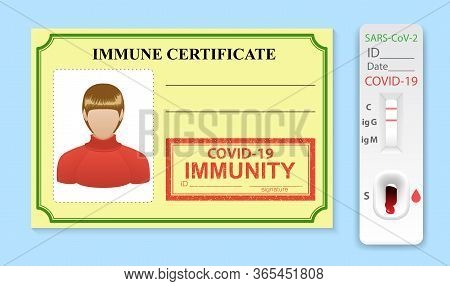 Immune Certificate In Form Of Card And Rapid Test For Antibodies Coronavirus. Working Id For Person 