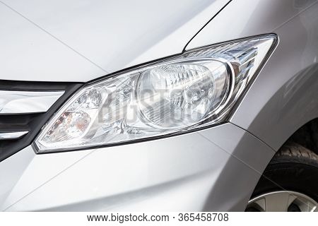 Novosibirsk/ Russia - May 02 2020: Honda Freed,glowing Headlight Of A Modern Car Close-up. Exterior 