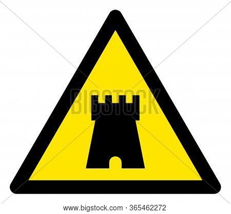 Raster Bulwark Tower Flat Warning Sign. Triangle Icon Uses Black And Yellow Colors. Symbol Style Is 