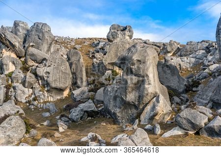 Huge Limestone Boulders, Megalith Rock Formations In Kura Tawhiti Conservation Area In New Zealand