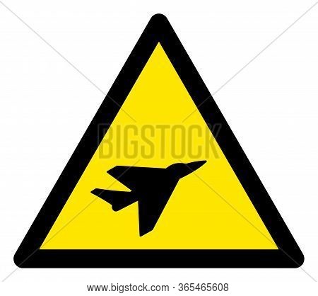 Raster Intercepter Airplane Flat Warning Sign. Triangle Icon Uses Black And Yellow Colors. Symbol St