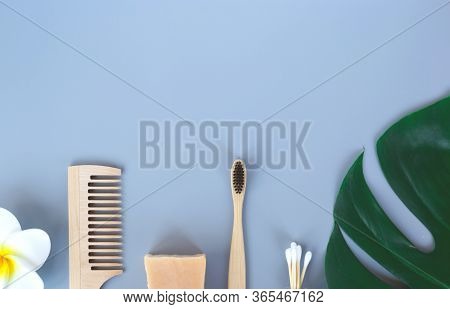The Concept Of Zero Waste. Bamboo Toothbrush, Solid Shampoo