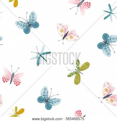 Beautiful Vector Seamless Pattern With Watercolor Hand Drawn Cute Butterflies. Stock Illustration.