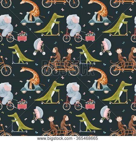 Beautiful Vector Seamless Pattern For Children With Watercolor Hand Drawn Cute Animals On Transport.