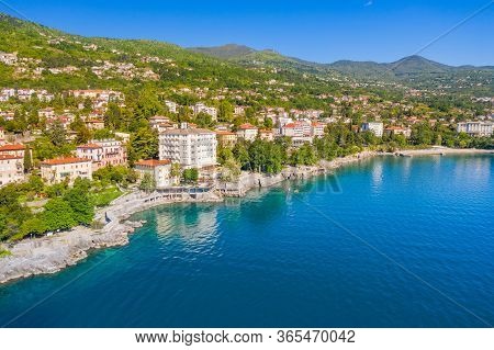 Croatia, Town Of Lovran And Sea Walkway, Aerial Panoramic View In Kvarner Bay Coastline, Popular Tou