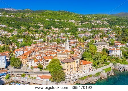 Croatia, Town Of Lovran And Sea Walkway, Aerial Panoramic View In Kvarner Bay Coastline, Popular Tou