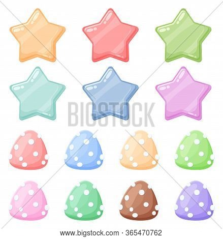Set Of Cartoon Colorful Glossy Stars And Candies Shiny Icons. Stock Game Assets Juicy Elements. Vect