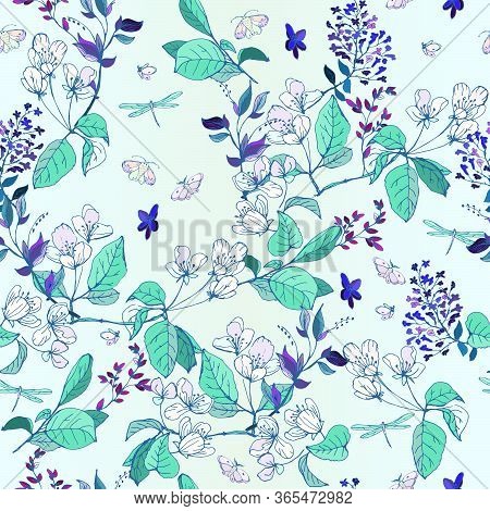 Hand-drawn Twigs With Flowers And Leaves Of Apple And Lilac On A Light Blue Satin Background. Tender