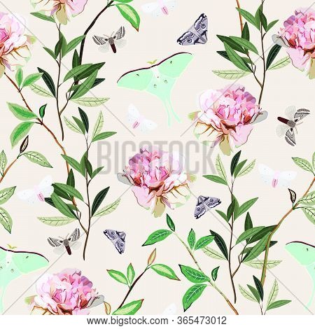 Seamless Vector Pattern With Butterflies And Moths Among The Bushes With Branches And Inflorescences