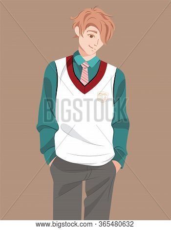 Young Smiling Student Of University Or School In Uniform. Millennial Generation Character Teen. Happ