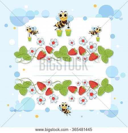 Strawberry Poster. Bee Swarm Collects Honey. Bright Flowers, Berries And Insects. Vector Illustratio