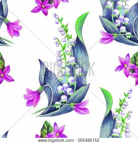 Spring Flowers: Snowdrop, May-lilly, Viola  Seamless Pattern, Hand Paint Watercolor Illustration.