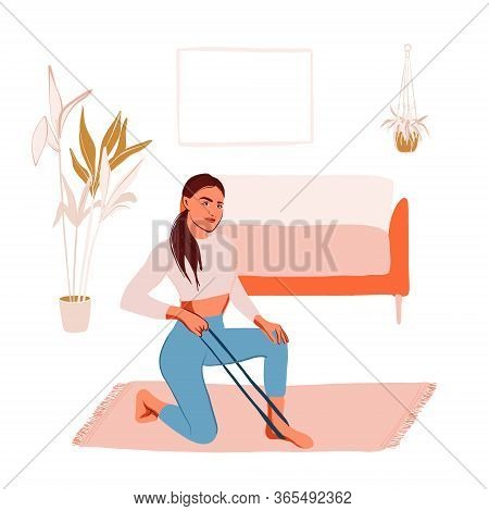 Sport Training At Home , Woman Character Doing Training With Fitness Loop Bands Indoor Illustration.