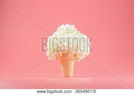 A Bouquet Of White Flowers In An Ice Cream Cone On A Pink Background.